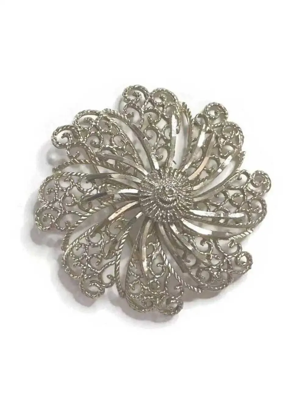 Vintage Silver Tone Flower Brooch, Openwork Floral Pin.